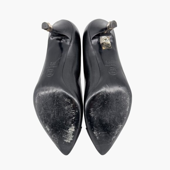 Chanel Cap Toe CC Kitten Pumps EU 38.5 US 7.5-8 Black Leather Pointed Low Heel - Picture 13 of 15